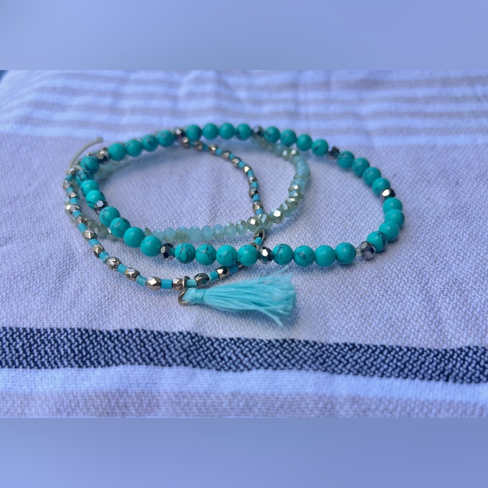 Artisan Mermaidcore Turquoise and Gold Tone Bead Tassel Stretch Bracelet Set - Picture 3 of 5